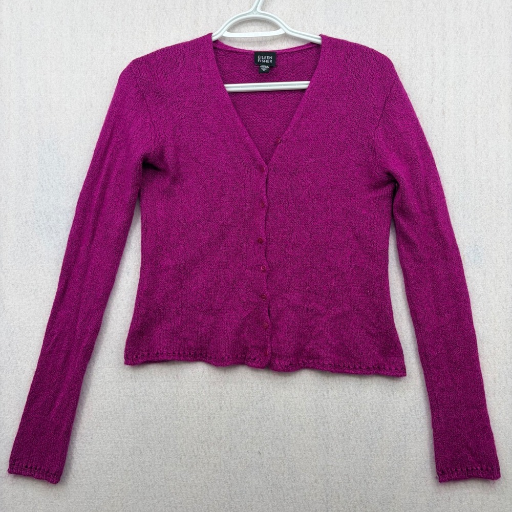 Eileen Fisher Magenta Silk Mohair Blend V-Neck Cardigan Sweater Purple Small